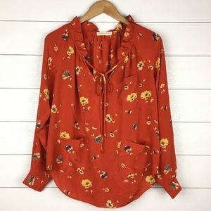 Rebecca Taylor red silk tie neck blouse w/pockets